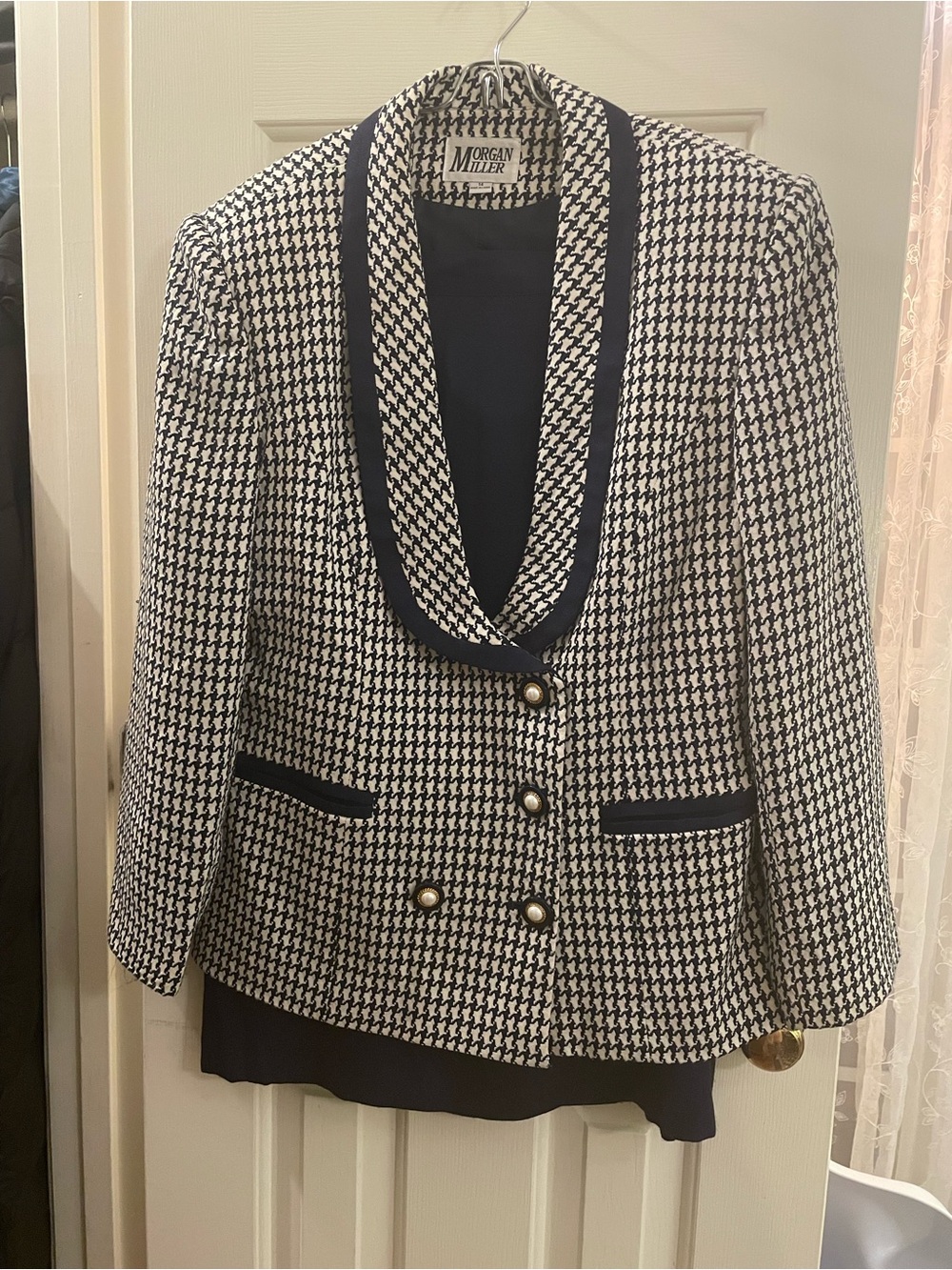 Morgan Miller Navy & White Houndstooth Blazer with Matching Solid Navy Skirt